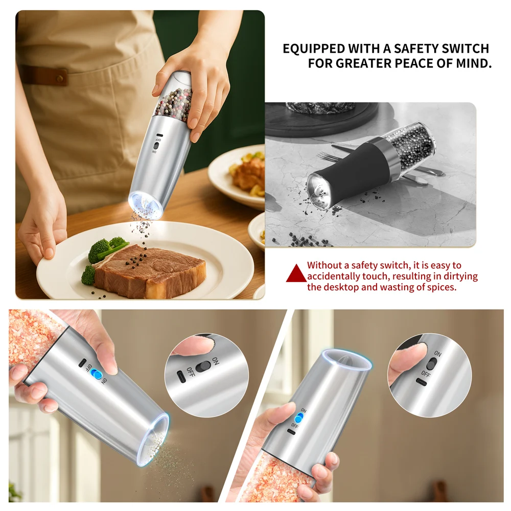 1PC/2PCS Gravity sensing Electric Salt And Pepper Grinder Set Adjustable Spice Mills for Kitchen Automatic Cordless Gadget