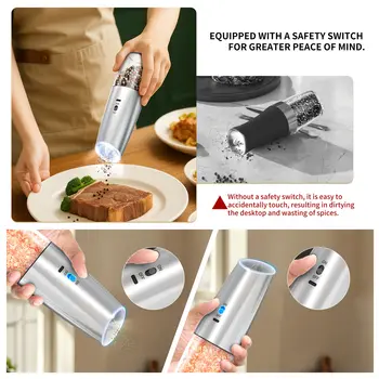 重力感應式電動鹽和胡椒研磨器套裝,帶LED燈,可調節研磨度,廚房自動無線小工具 8 最佳銷售 胡椒槍 - №3