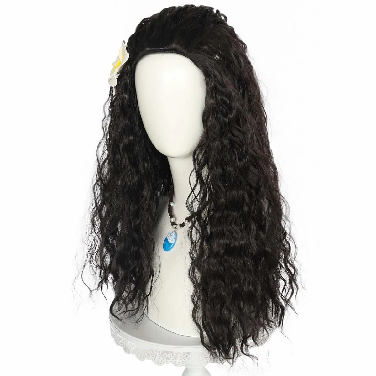 Halloween Party Props Moana Cosplay Long Curly Wig with Plumeria Flower