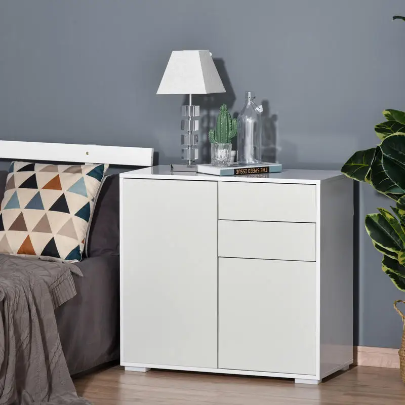 Meuble de rangement blanc contemporain avec 2 tiroirs coulissants et 2 placards, étagères réglables pour entrée, bureau, chambre