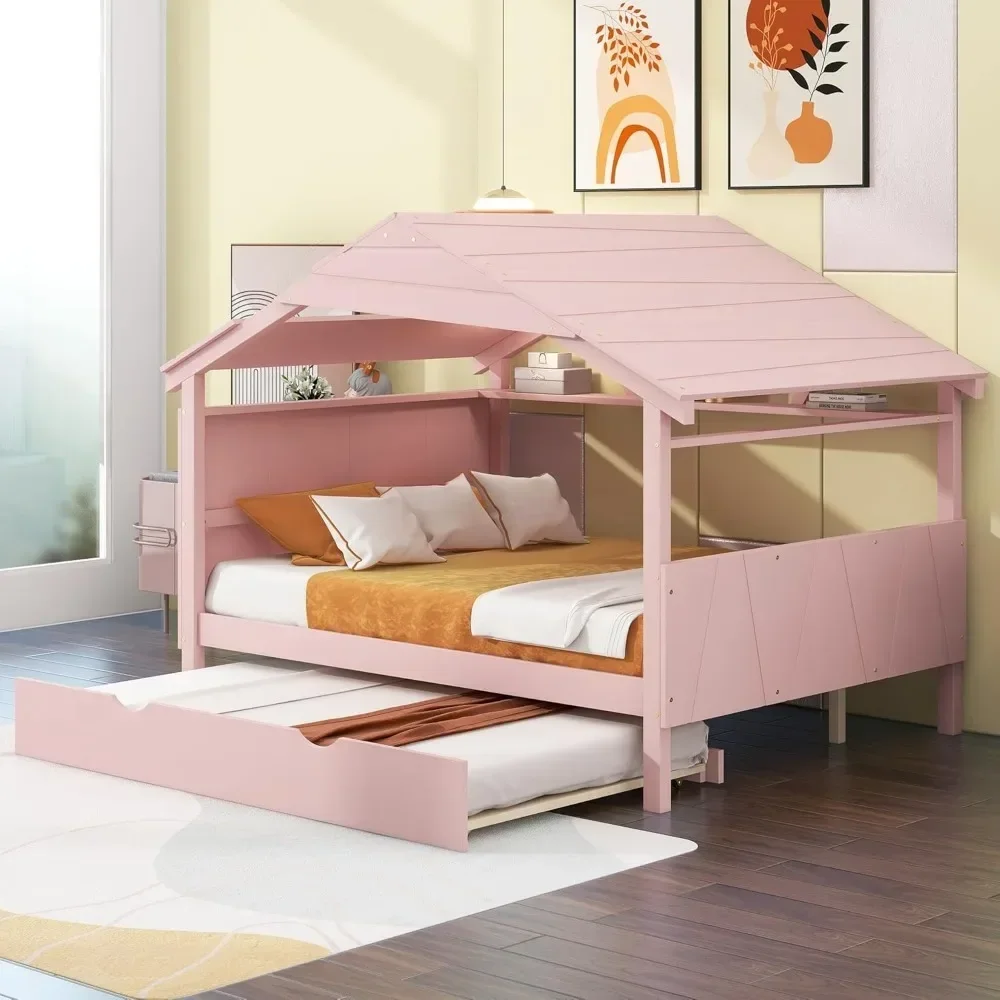 Casa para niños, diseño de casa de juegos con cama nido, fácil de montar con cabecera y estante de almacenamiento, sofá cama completo con techo para niños