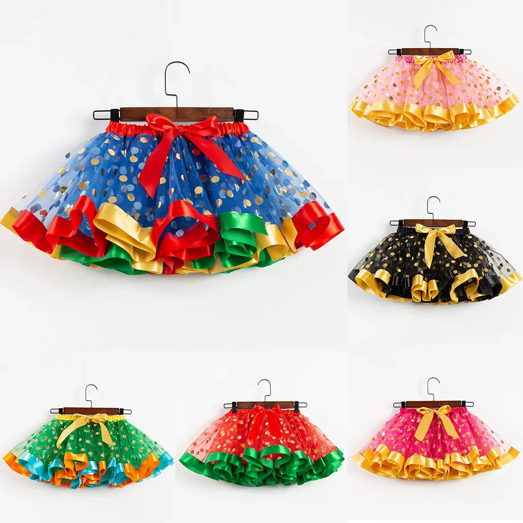 

Colorful Dancing Pleated Girls Party Puffy Skirt Christmas Tulle Skirt Print Petticoat Underskirt Kid Girl Tutu Princess Skirt