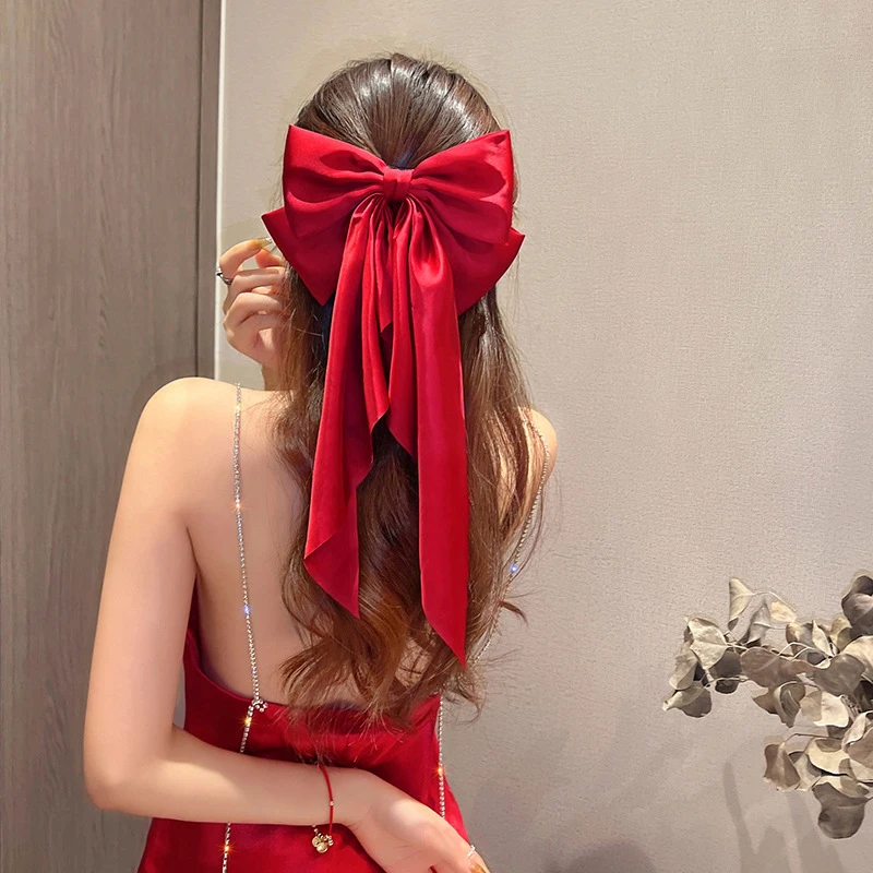 Elegant Red Streamer Large Bow Ribbon Hair Clip For Women Fashion Simple Solid Satin Ponytail Bow Hairpin Girls Hair Accessories