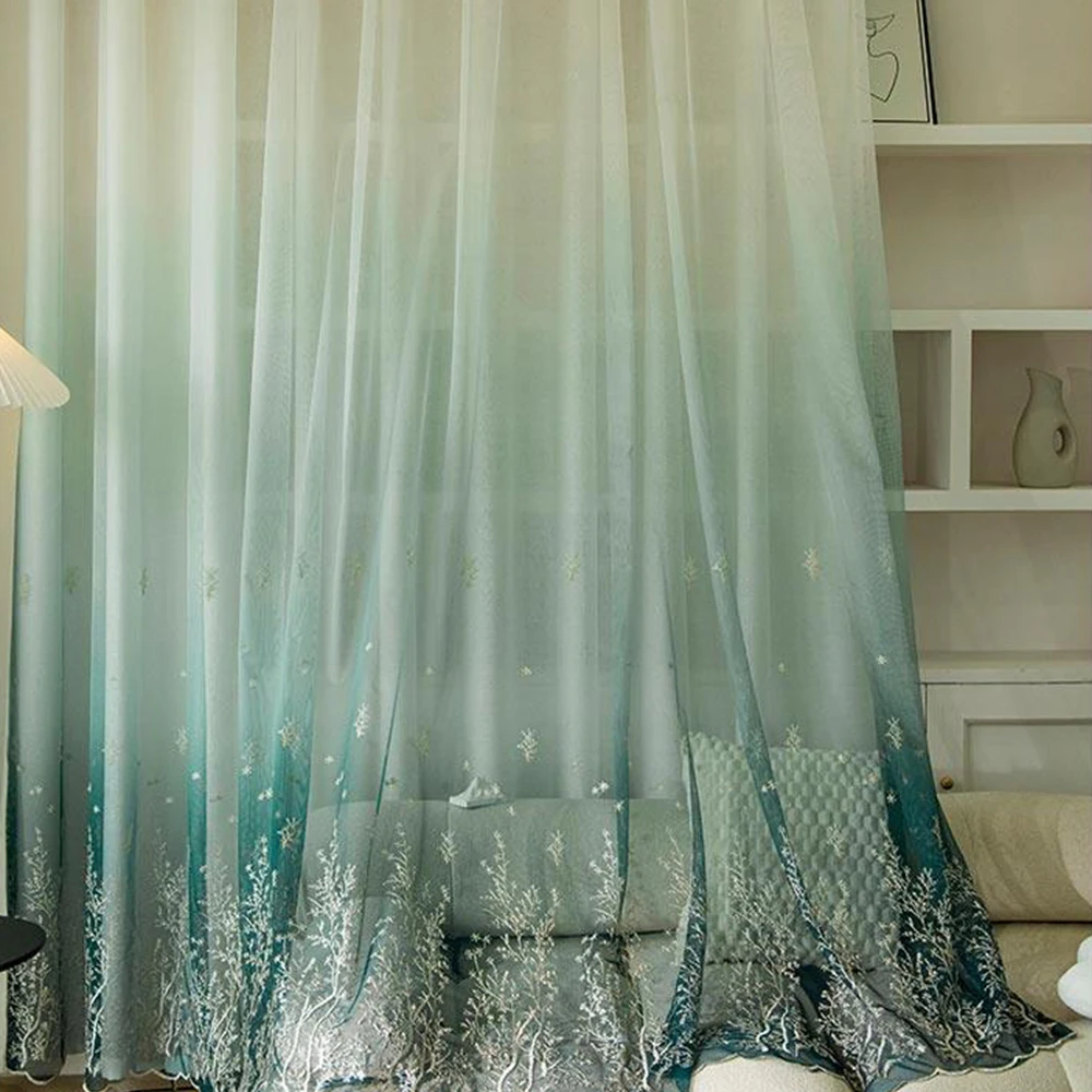 1 Stück Nordischer Farbverlauf Bestickter Transparenter Vorhang, Durchsichtiger Fenster-Balkon-Wohnzimmer-Vorhang, Schlafzimmerdekoration