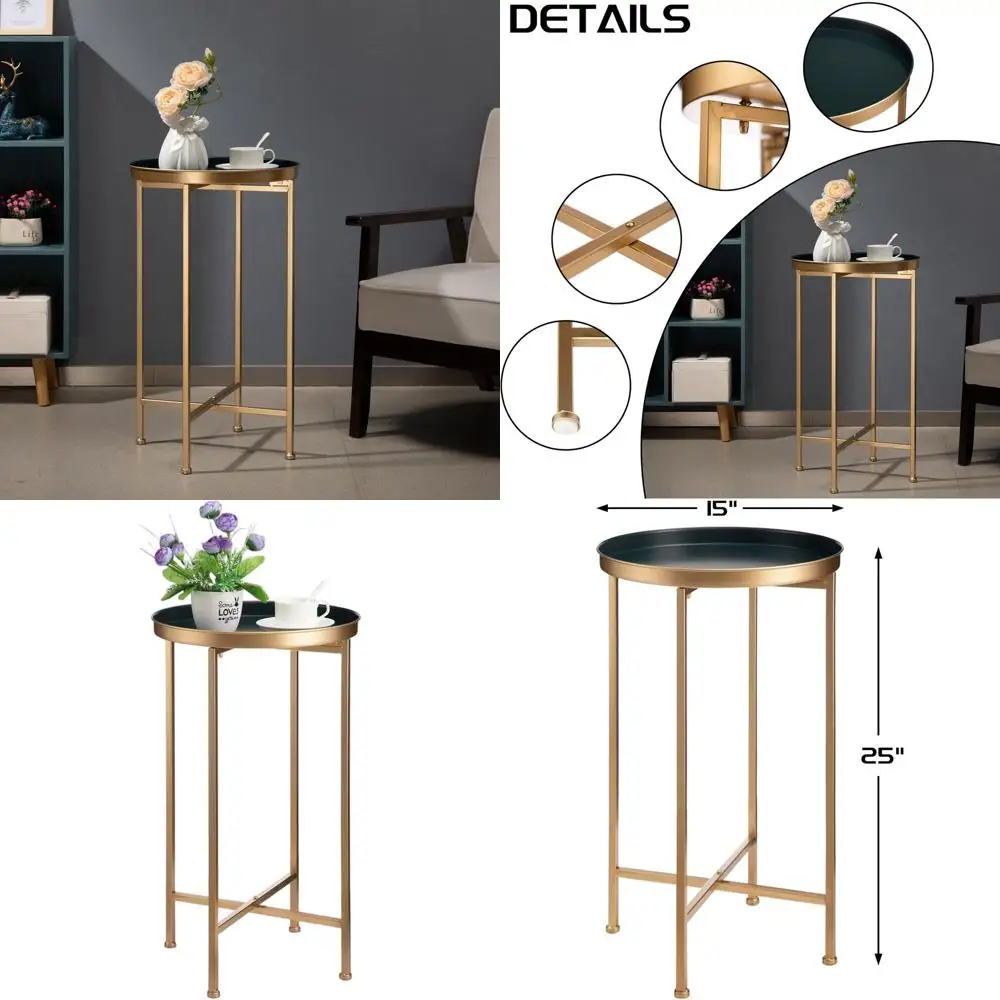 

Compact Gold & Navy Blue Metal End Table, Waterproof for Indoor or Outdoor Use, Ideal for Living Room, Coffee/Side Table, Plant