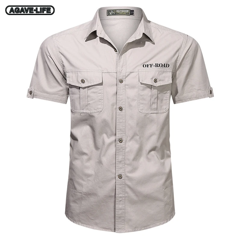 Heren Zomer Shirt Met Korte Mouwen Gewassen Katoen Losse Outdoor Tooling Shirt Voor Mannen Bussiness Effen Kleur Dunne Mode Tooling Top