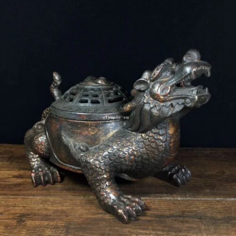 9 inch old bronze home feng shui treasure wealth dragon turtle censer statue