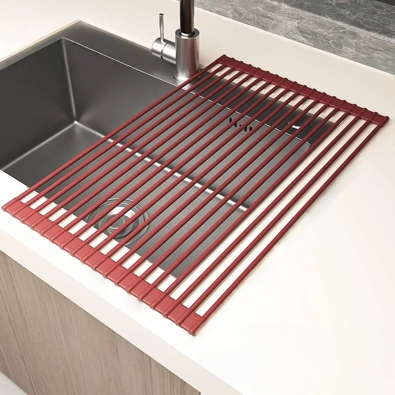 1pc Silicone Roll-Up Dish Drying Rack - Space-Saving Over The Sink Design, Sink Mat, Easy Storage,  Durable, Drain Rack
