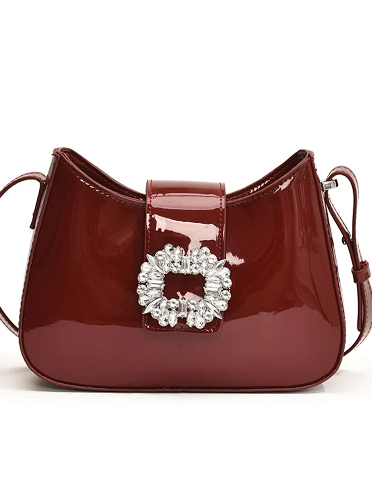 Fashion Lacquer Leather One Shoulder Underarm Bag Solid Color Diamond Button Crossbody Bag For Women Red Wedding Bride Handbag