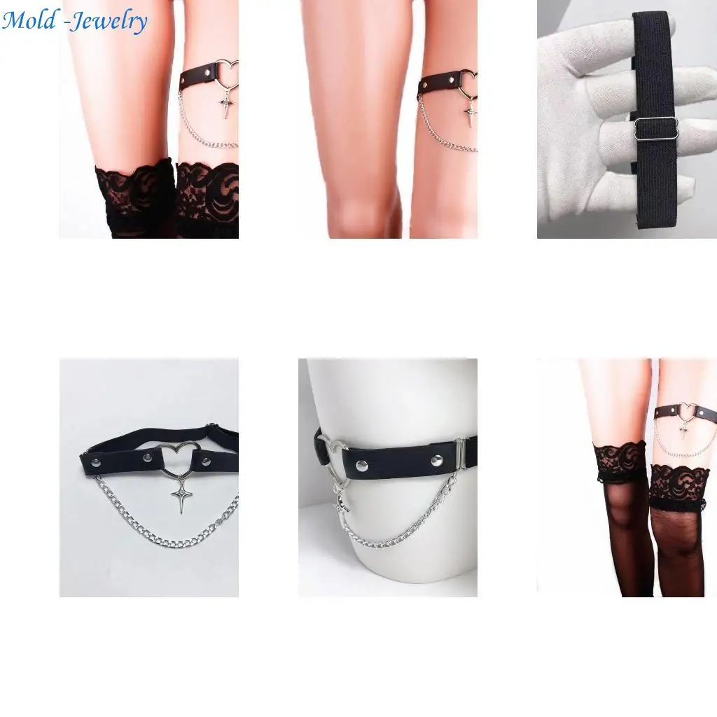 

69HB Faux Leather Teg Rings со звездной цепью акцент панк -сердечный пояс для музыкальных фестивалей и уличной фотографии