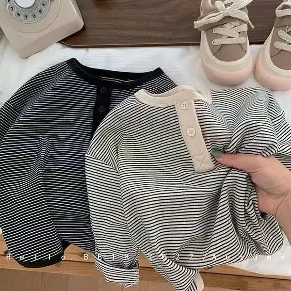 Kinder Herbst Winter Fleece Gestreiftes Unterhemd Junge Mädchen Warmes Langarm-T-Shirt Weiches Hausshirt Babys Kinder Campus Sport-Oberteil – Detail 3