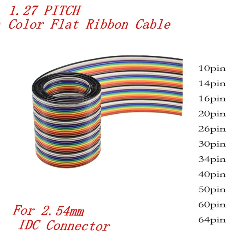 Length 1m Colorful 1.27mm Spacing Pitch Cable 10/14/16/20/26/34/40/50/60/64 Pin Flat Rainbwo Ribbon Cable Wire