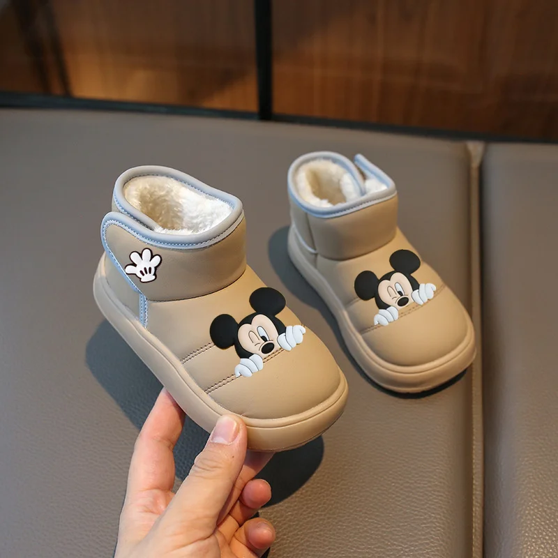

Хлопковая обувь с Микки Маусом, детская обувь из искусственной кожи, новые зимние первые ходунки, флисовые хлопковые сапоги для девочек, обувь для малышей, повседневная обувь для мальчиков