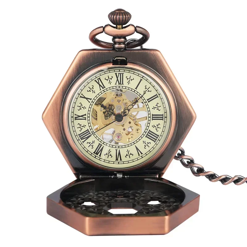 Antique Red Copper Hexagone Shape Unisex Handwinding Mechanical Pocket Watch Skeleton Clock with Pendant Chain Roman Number Dial