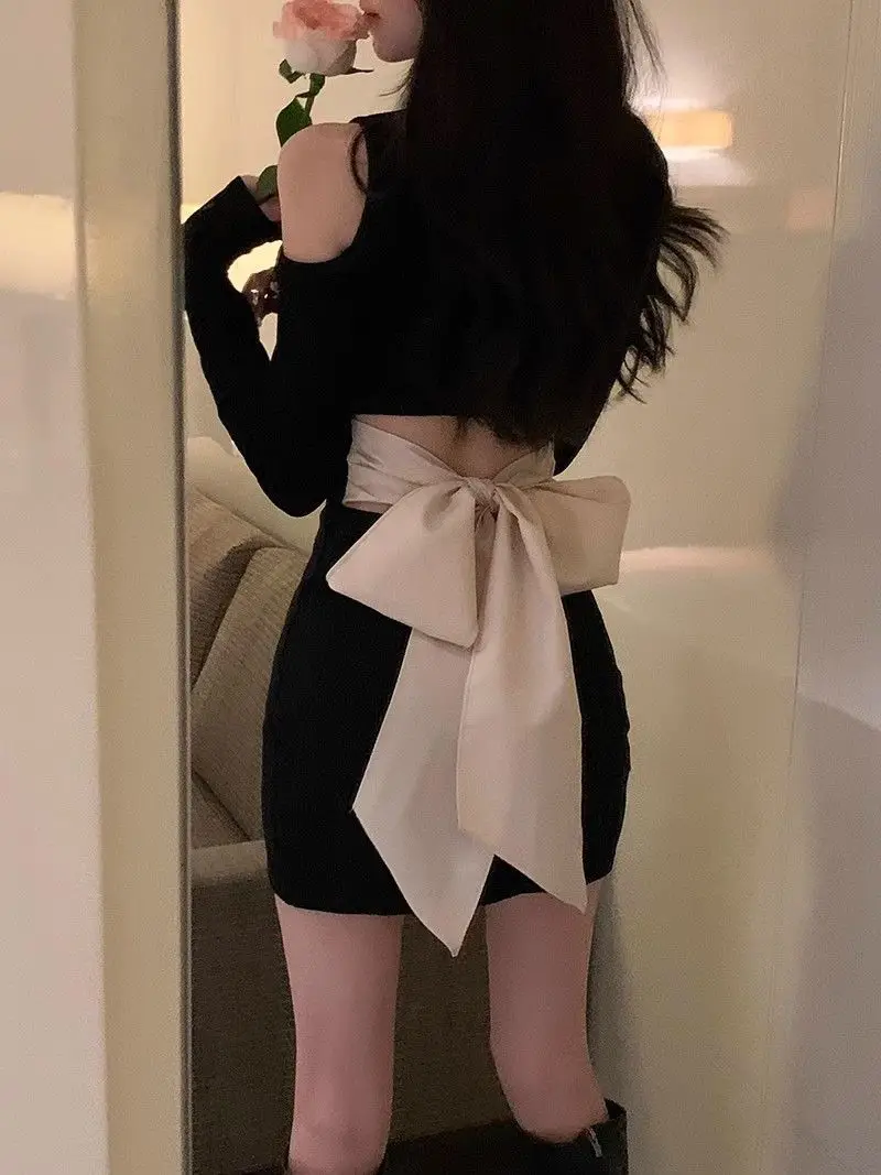 Off Shoulder Woman Long Sleeve Dress Black Short Bow Birthday Mini Dresses for Women Autumn and Winter New in Elegant Beautiful