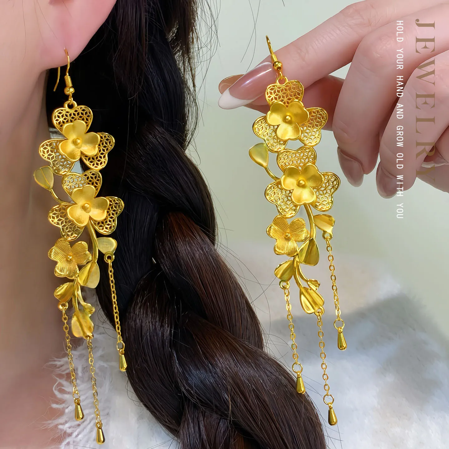 

Luxury 24K 9999 Pure Gold real gold Women's Flower Tassel Earrings Ear Hook