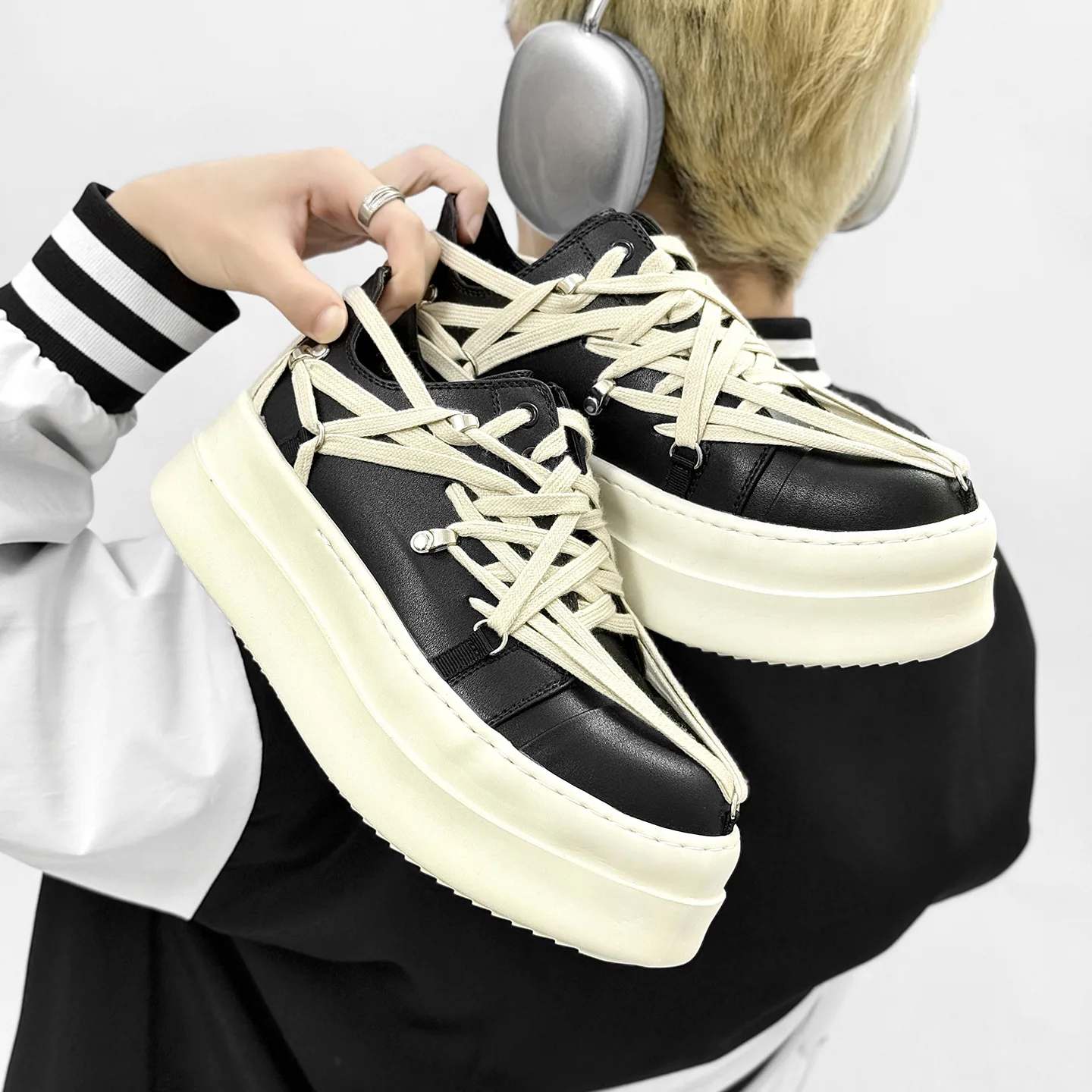 

Fashion Couple Shoes Leather Low-top Platform Women's Men's Shoes Black White Lace-up High Quality Casual Thick Sole Board Shoes