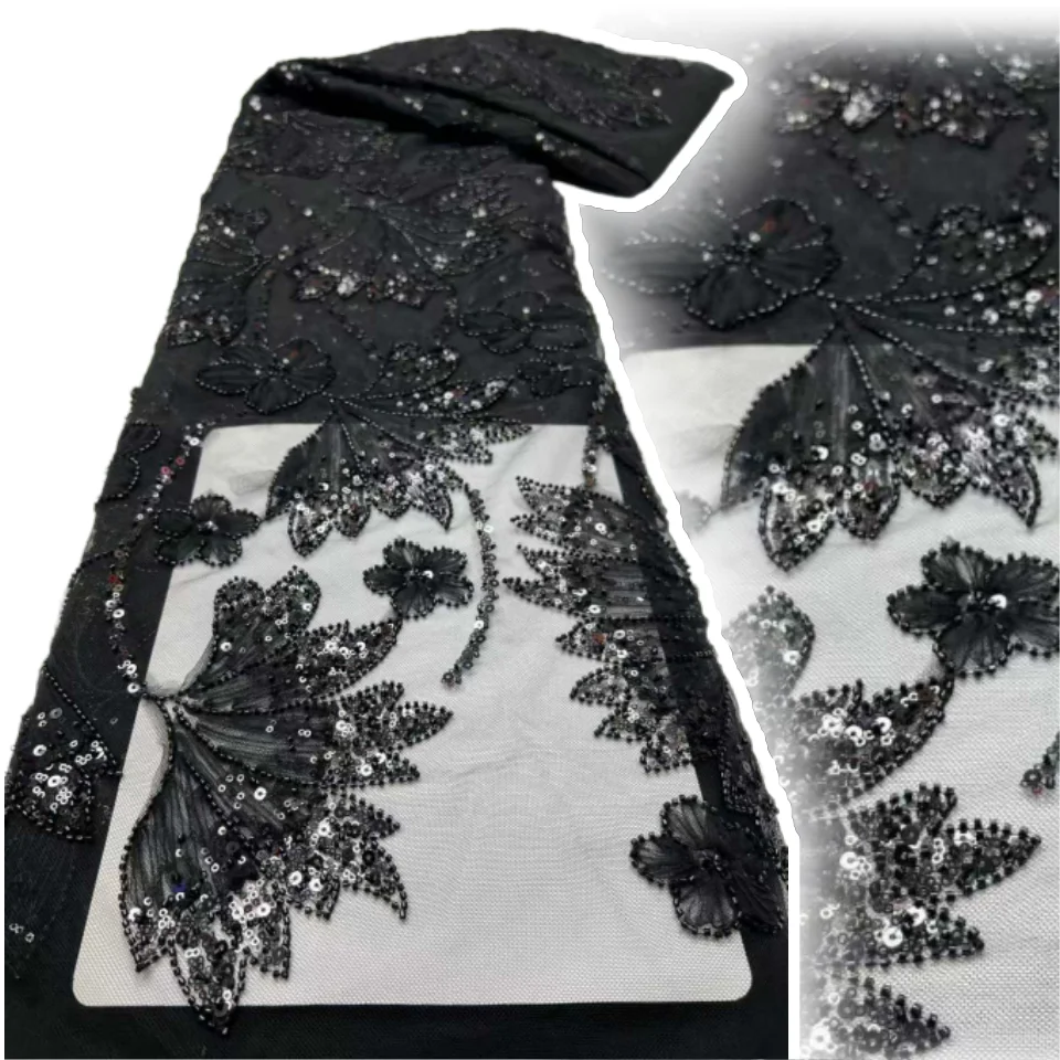 

Африканская нигерийская тюль с вышивкой блестками, кружевная ткань, шитье платьев для выпускного вечера из бисера, высокое качество, 5 ярдов, 2025 SZ1274