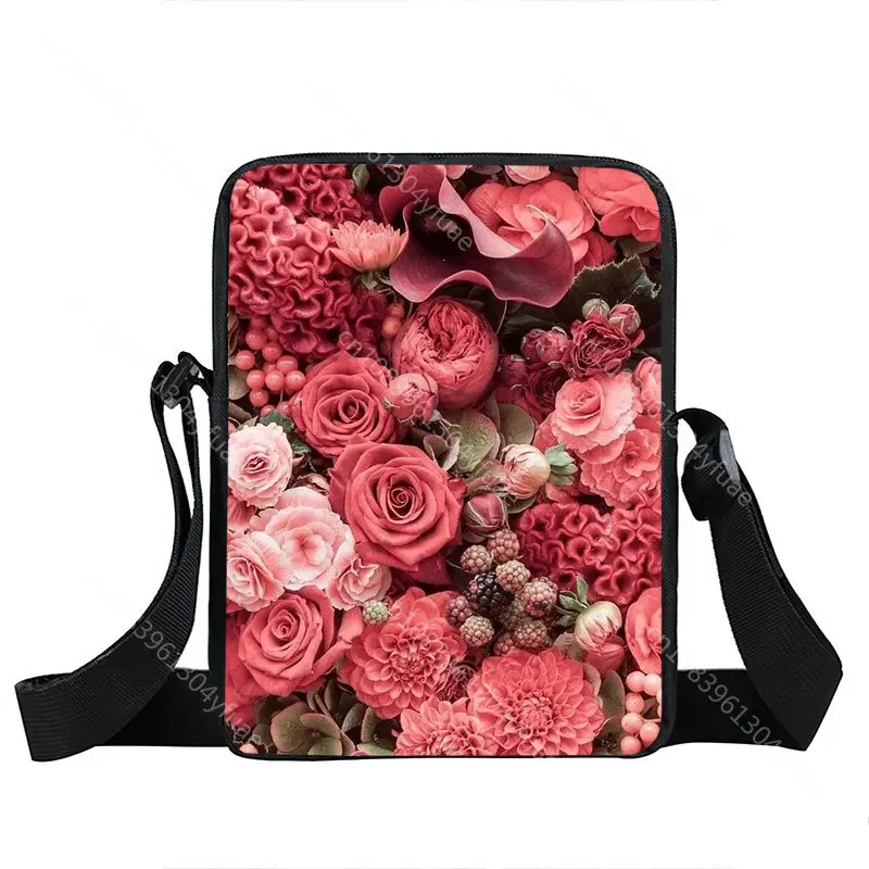 Rose Flower Pattern Print Crossbody Bag, Messenger Shoulder Bag, Bolsa da escola, sacos de livros, telefone, chave, fones de ouvido, azul