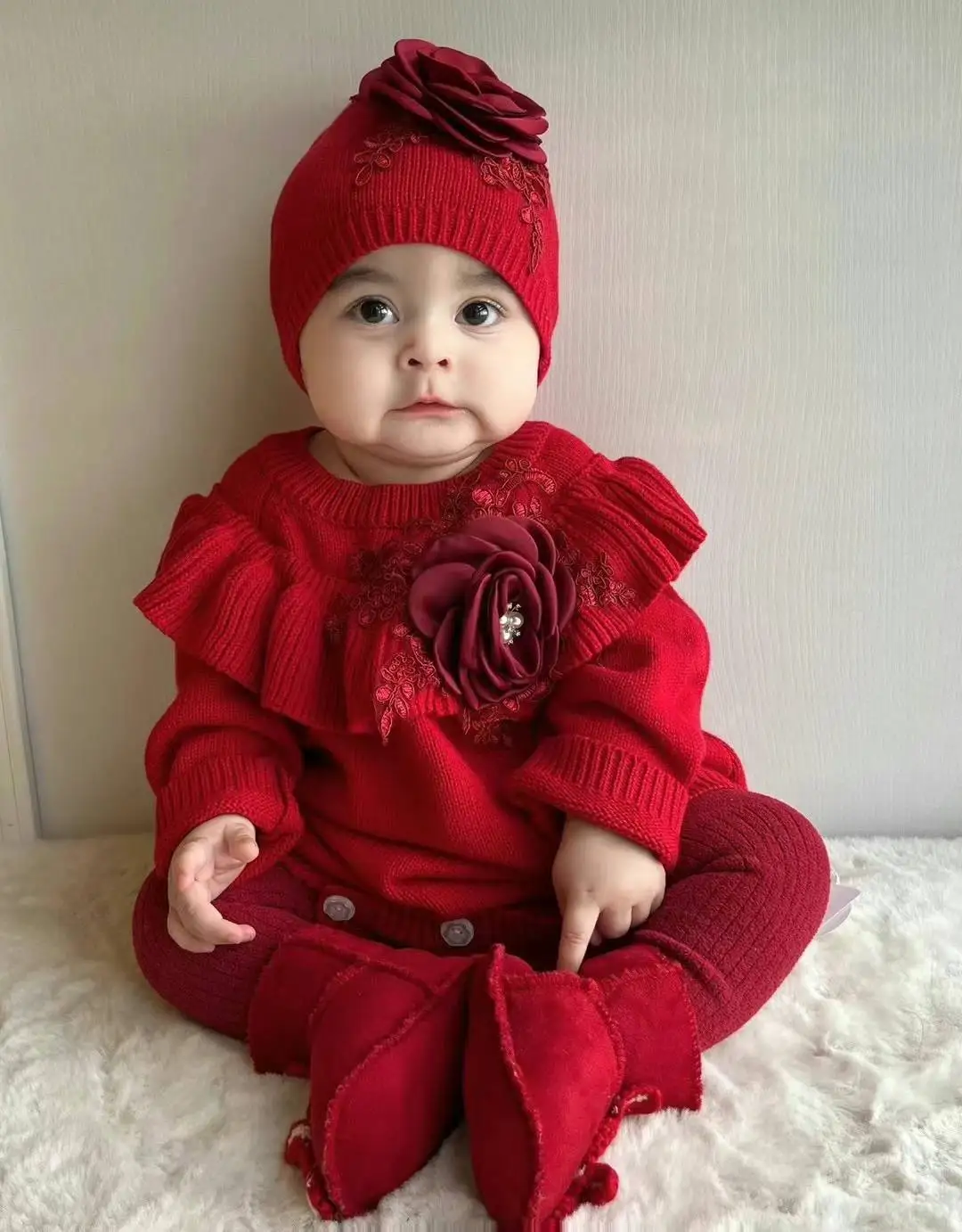 Christmas Baby Girl Red Sweater Outfit Toddler Knitted Lace Flower Romper Jewelry Onesie Cotton Jumpsuit and Turban Hat Set