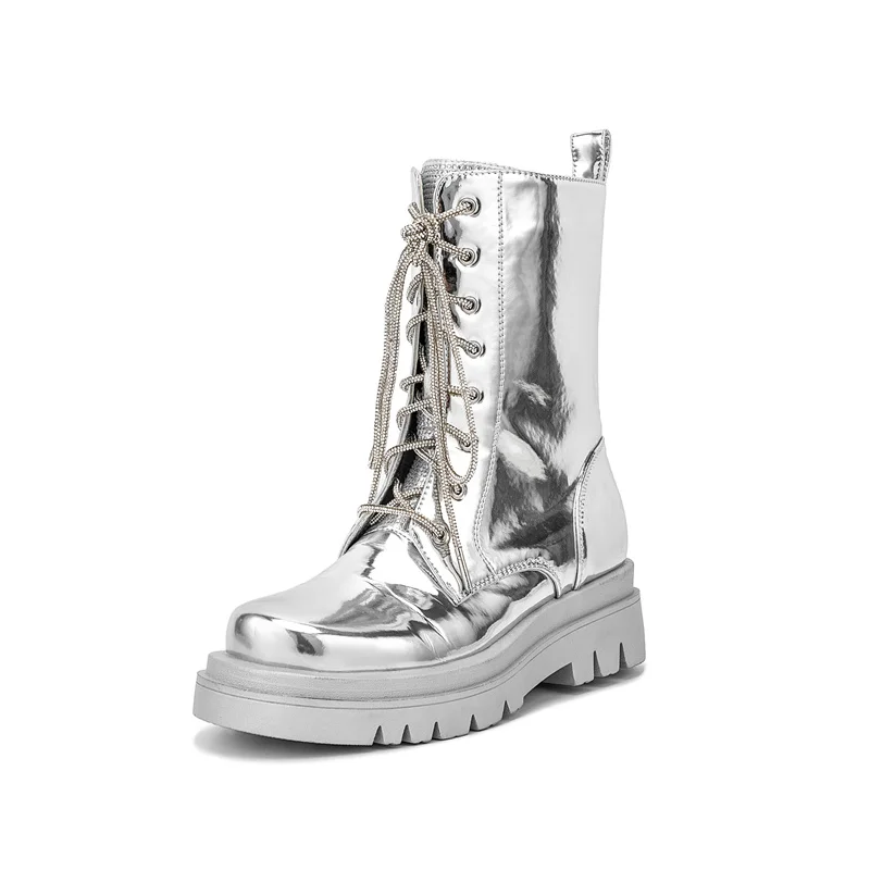 2026 Silver Belt Buckle Cross Strap Rhinestone Short Boots Casual Motorcycle Thick Sole Knight Boot Women Winter Silver Shoes