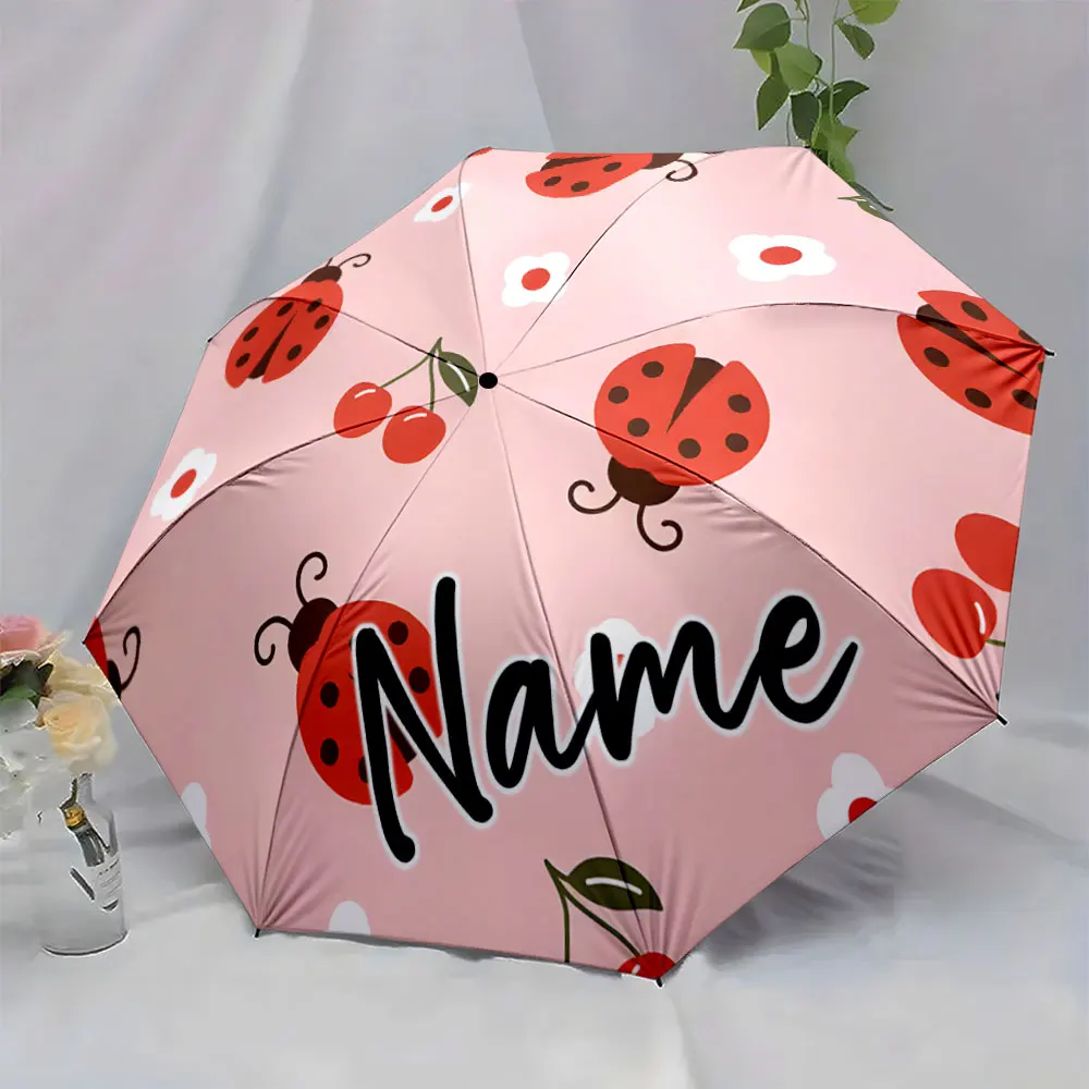 Custom Name Umbrella Ladybug and Cherry Umbrella Design Print 8 Iron Ribs Folding Umbrella Auto-Open Fashion Sunshade