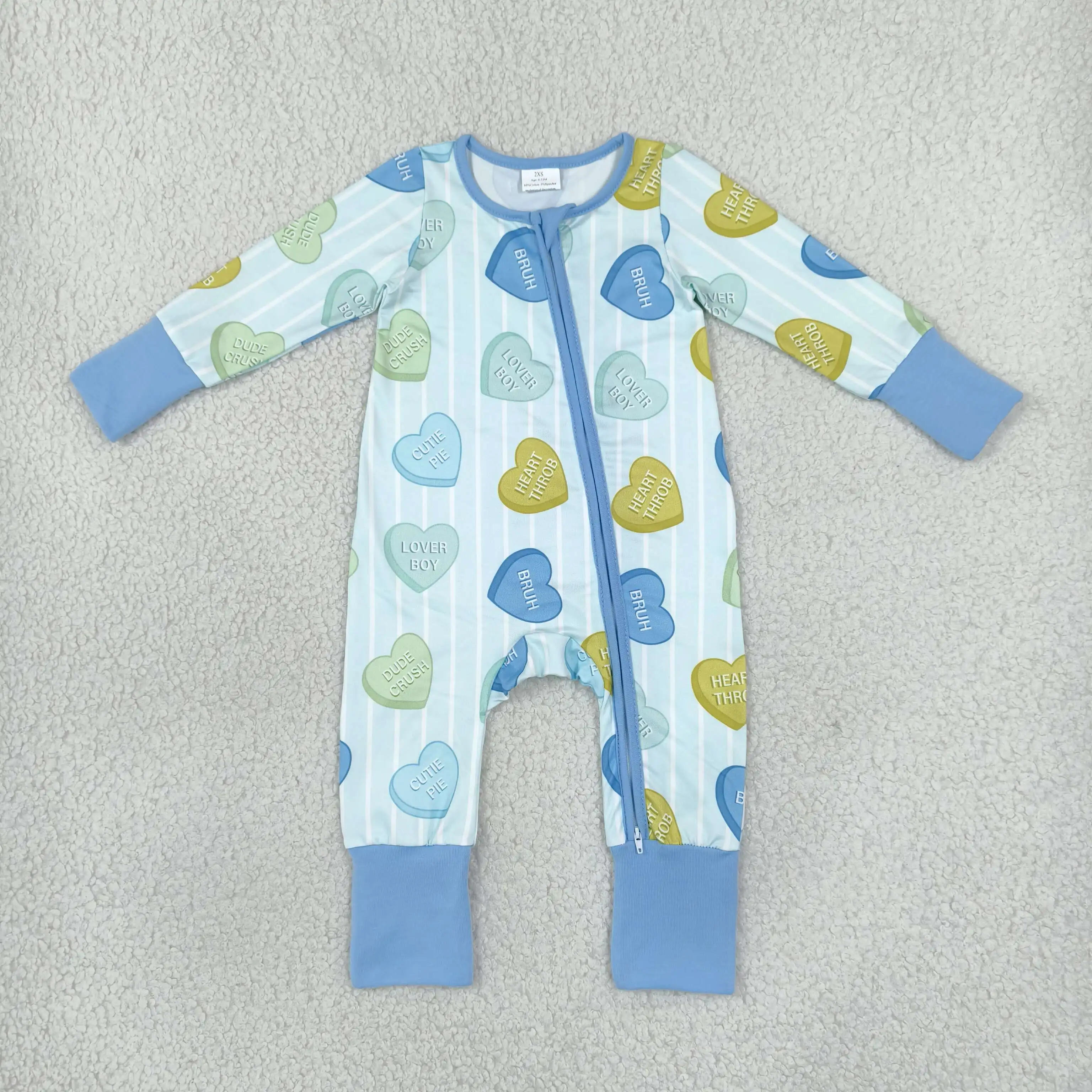 Wholesale Children Baby Boy Long Sleeves Infant Zip Romper Kids Hearts Blue Stripes Clothes Toddler Newborn Valentine Bodysuit