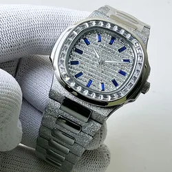 PARDPGE White sand steel case multi-drill case 42mm men's stainless steel automatic mechanical watch Date Blue Ding sparkle dial