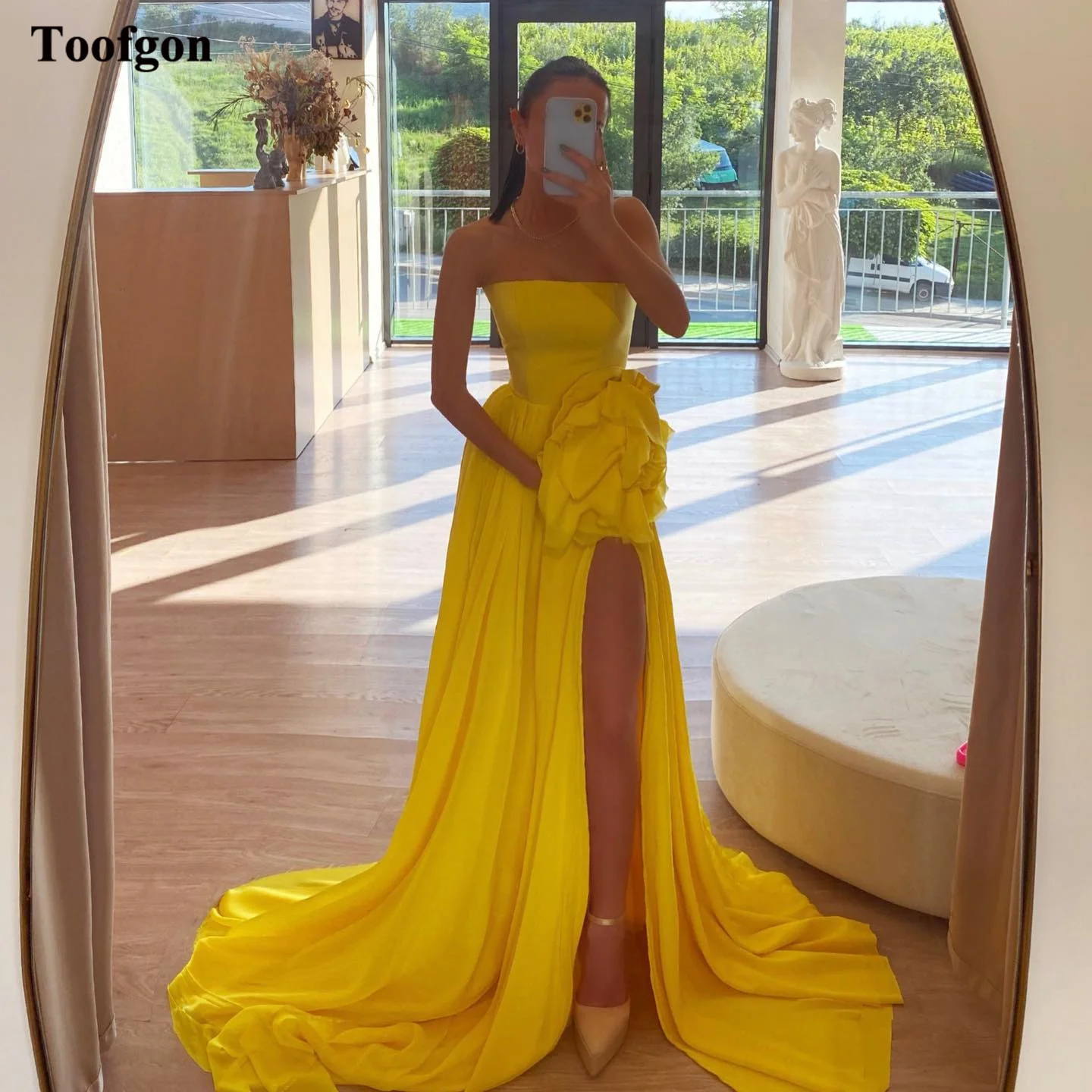 Toofgon-Simples Amarelo Chiffon Prom Vestidos para Mulheres, Sem Alças, Fenda Alta, Praia, Vestidos de Noite Formais, Ocasião Especial, Party Outfits