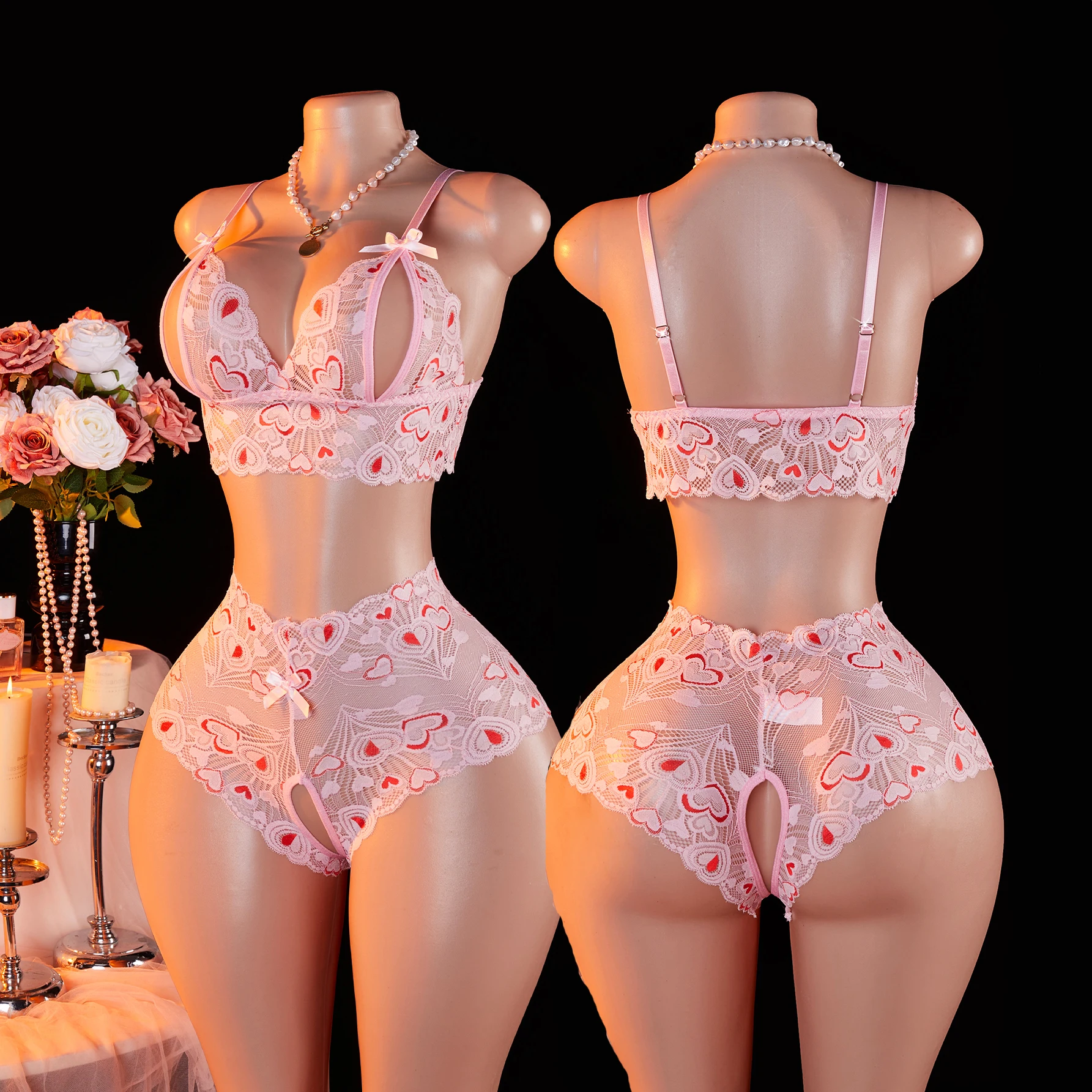 

Erotic 2-pcs Open Bra Sleepwear Women's Sexy Lace See-Through Pajamas Pink Heart Cute Comfortable Breathable Crotchless Shorts