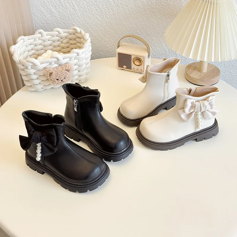 Novo inverno crianças botas para a menina doce bowknot princesa moda bege tornozelo botas elegantes versáteis botas de algodão causal das crianças