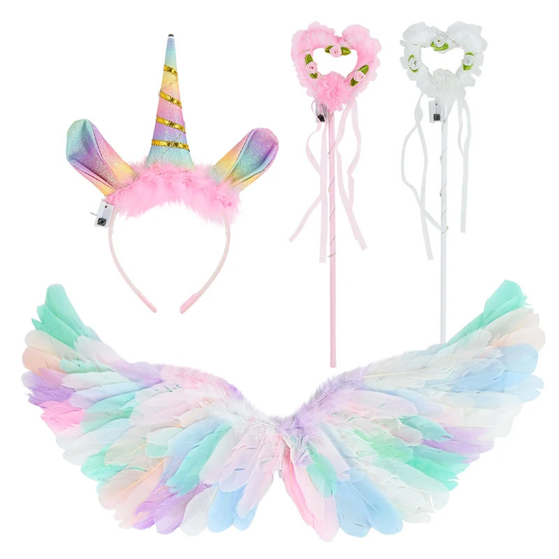 Kids LED Colour Angel Feather Wings Costume Props Luminous Unicorn Halo Headband Fairy Stick Party Glowing Accessory Baby Shower