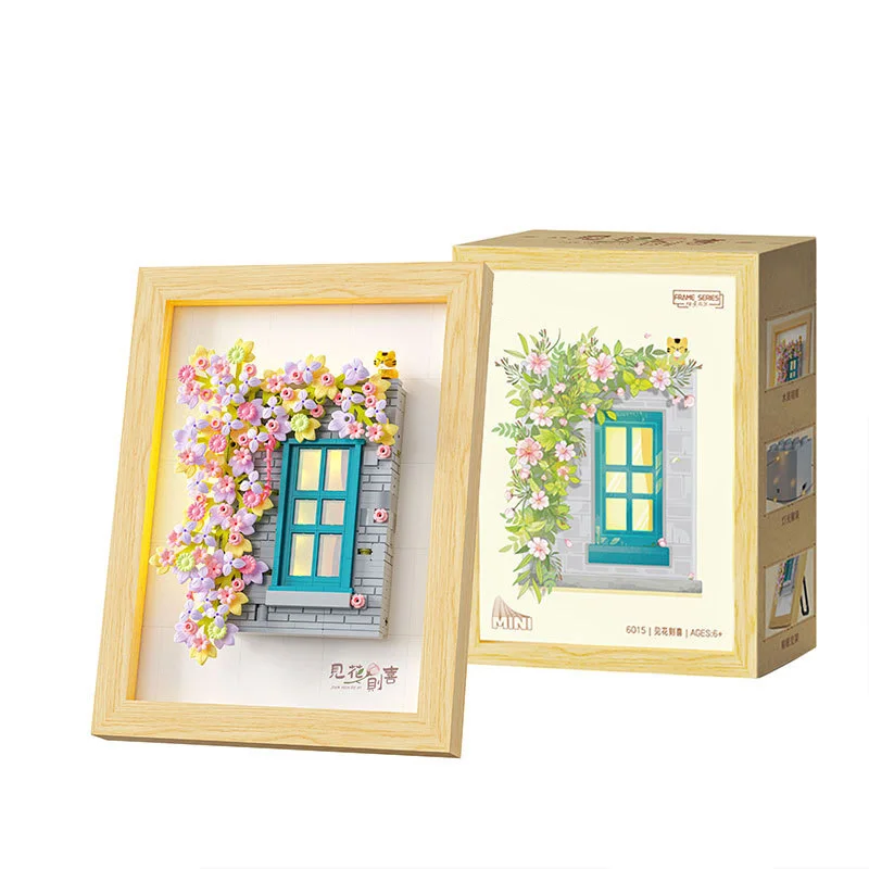 Creative Corner Flower House Window Mini Block 3D Scene Wooden Photo Frame Building Bicrks Toys With Light For Girls Gifts