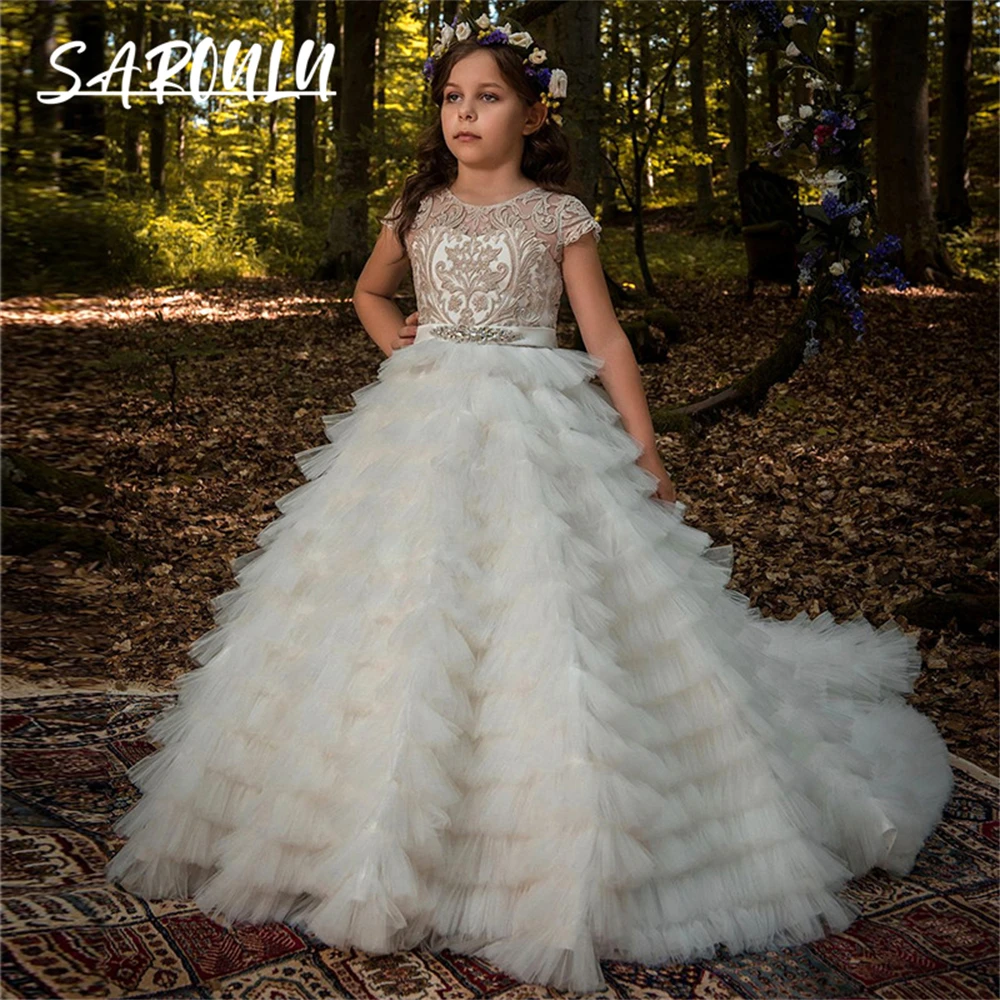 Robe de Rhgonflée à plusieurs niveaux pour enfants, robe de demoiselle d'honneur de mariage, robe de princesse en dentelle dorée, robes de fête d'anniversaire, robe formelle pour enfants