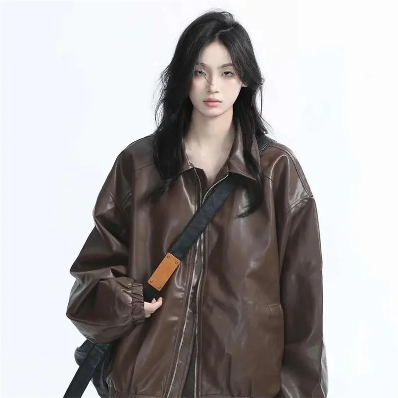 미국 여성 레저 PU 가죽 재킷 봄 가을 여성 지퍼 인조 가죽 코트 2025 여성 단색 가죽 아우터