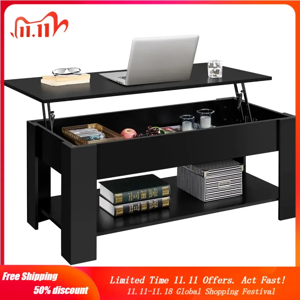 

Lift Top Coffee Table with Hidden Compartment and Storage Shelf, Rising Tabletop Dining Table for Living Room Reception Room