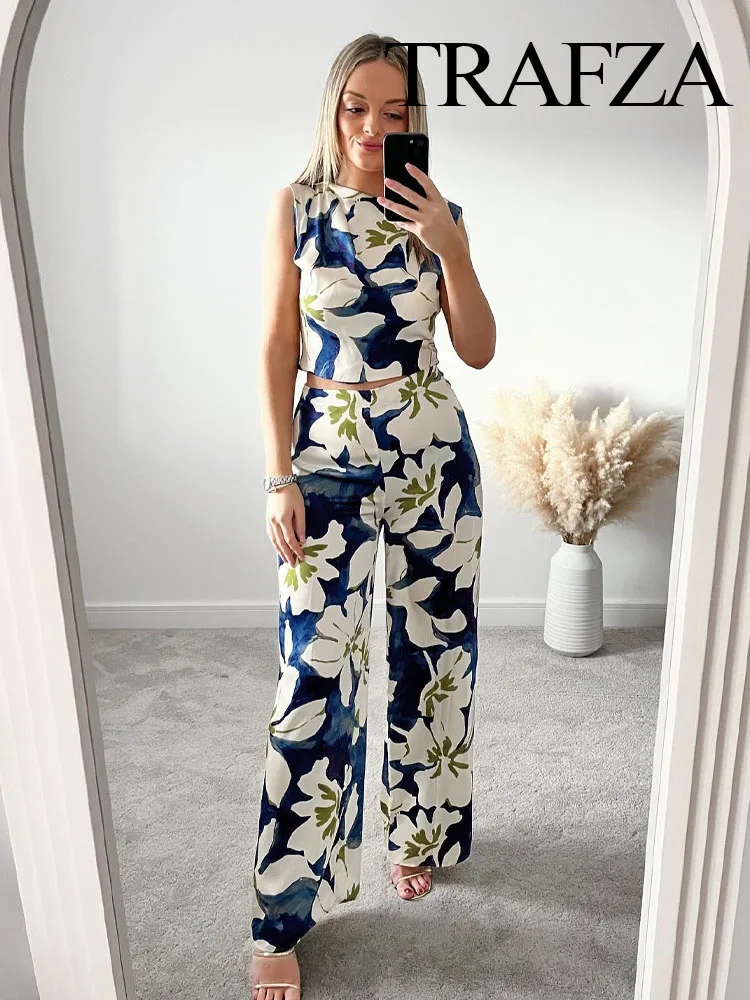 TRAFZA Women Spring Jumpsuit Floral O-Neck Sleeveless Hollow Out Decorate Zipper Female Fashion Bohemian Style Wide Leg Jumpsuit