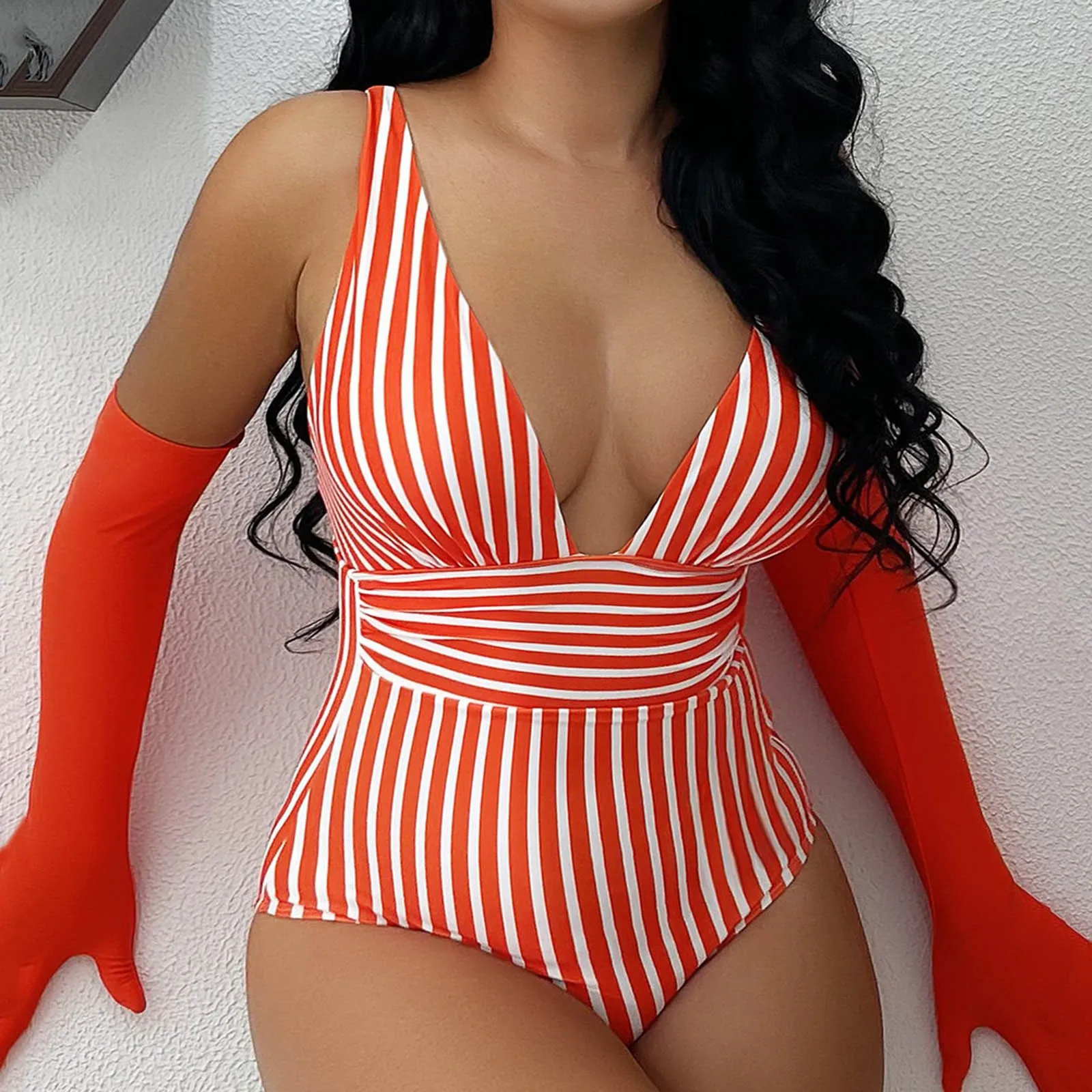 2024 Striped Printing One Piece Swimsuit Vintage Swimwear Women V-neck Bathing Swimming Suits Female Summer Beachwear Bikini Set