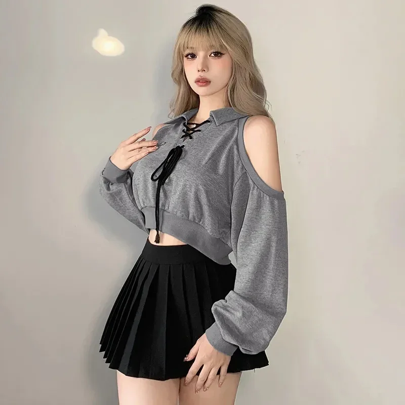 Sexy Cropped Sweatshirt Women Y2k Off Shoulder Slim Fit Short Tops Spring Summer Korean Long Sleeve Harajuku Grey Pullovers 2024