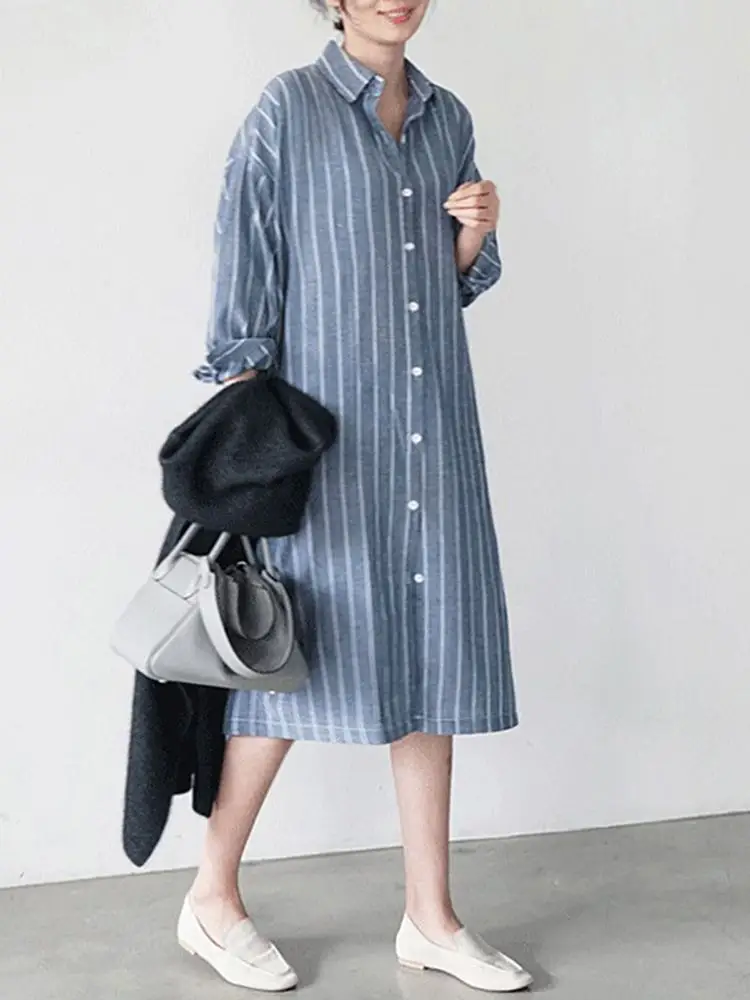 Autumn Sundress ZANZEA Elegant Shirt Dress Women Lapel Neck Long Sleeve Stripe Sundress Work Vestidos Robe Femme Holiday Kaftan