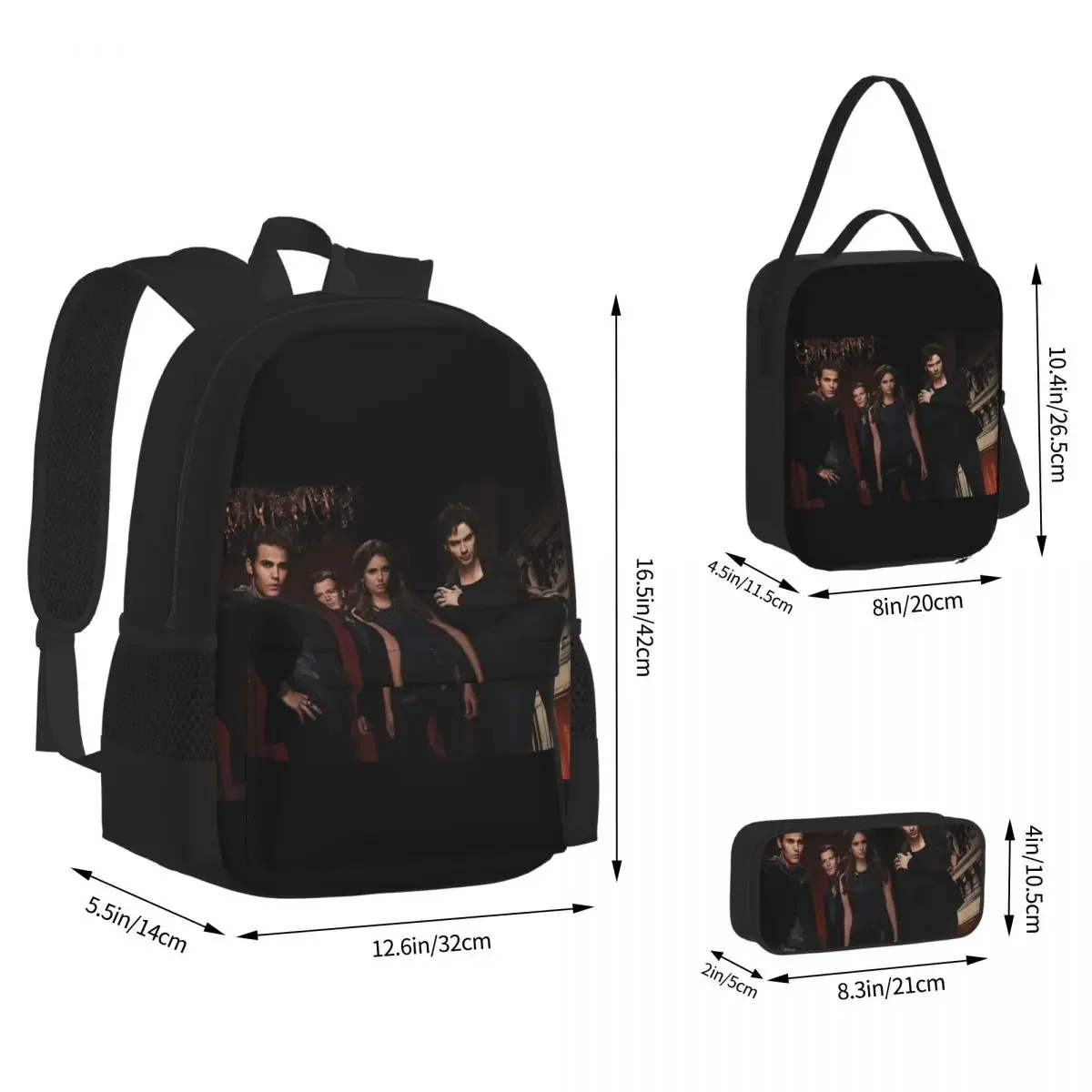 The Vampire Diaries Backpacks Boys Girls Bookbag Students School Bags Cartoon Kids Rucksack Lunch Bag Pen Bag Three-Piece Set