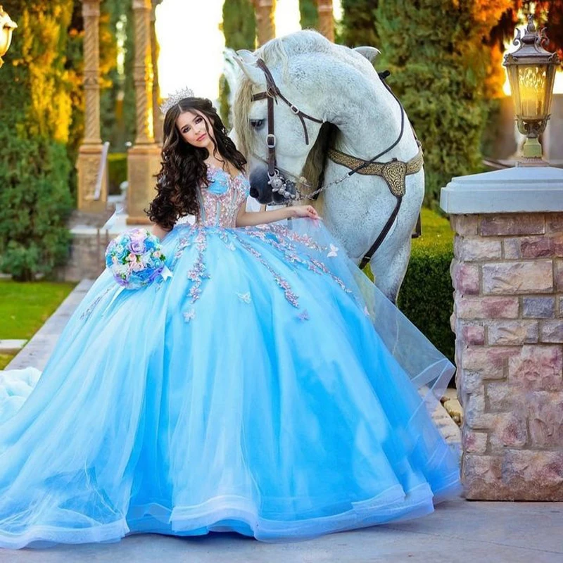 Shining Sky Blue Sweetheart Quinceanera Dresses 2023 3D Flowers Ball Gown Sweet 15 16 Dress Prom Party Dresses For Girls