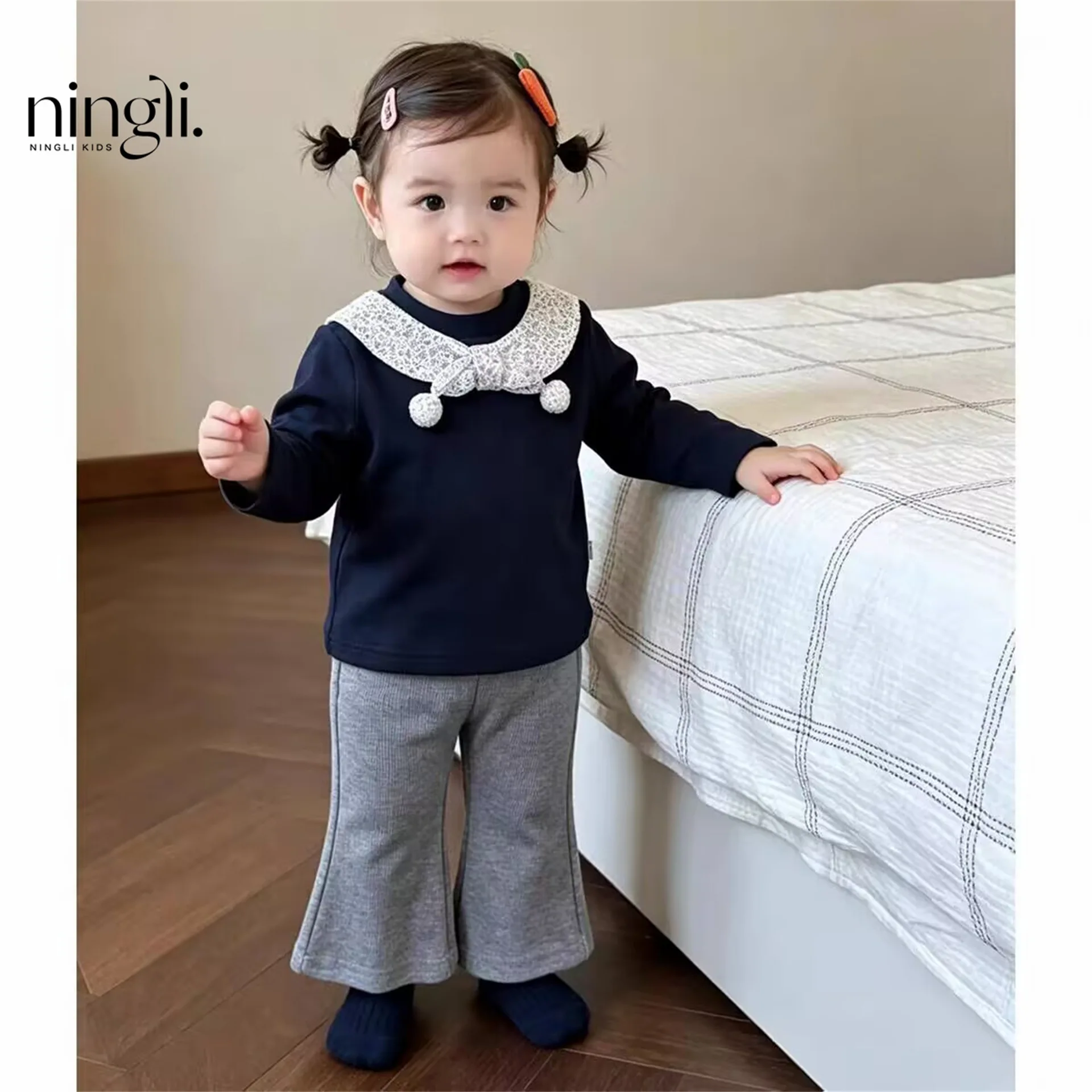Girls Clothes Fall New Set Cute Long Sleeve Top Flare Pants Two Piece Set Sweet Style Nice Outing Wear