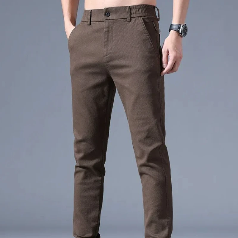 

Korean Business Casual Men's 2024 Spring Autumn New Splicing Elasticized Button Zipper Pocket Fashion Solid Slim Straight Pants