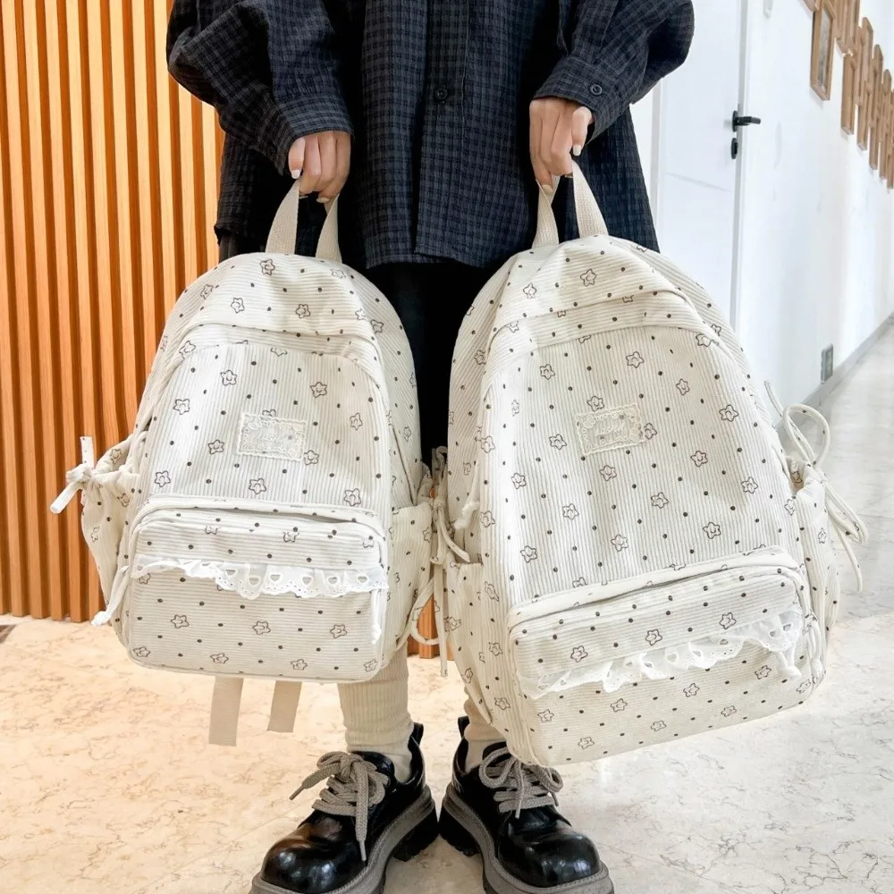 Corduroy Material Corduroy Backpack Lace Floral Print Polka Dot Print School Backpack Kawaii Style Aesthetic Design