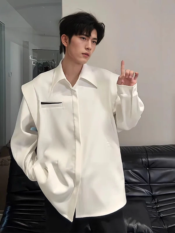 

White Padded oulder Men's Long Sve irt Korean Sle High End Feeling Outerwear Casual Breathable Spring Autumn Wear