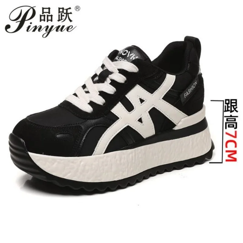 7cm New Autumn Women Sneakers Genuine Leather Platforms Ladies Casual Sports Shoes Comfy Students Sneakers  34-40