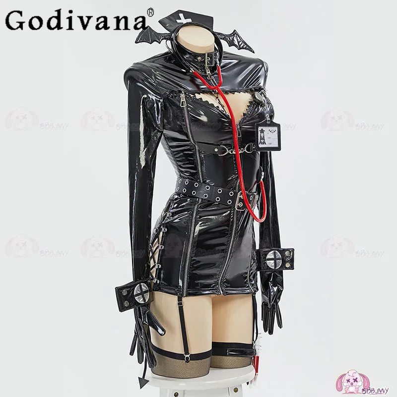 2025 Anime PU Demon Nurse Gothic Dress Women's Private Photo Shoot Sexy Lingeries Cos Dress Female Black Cosplays Costume