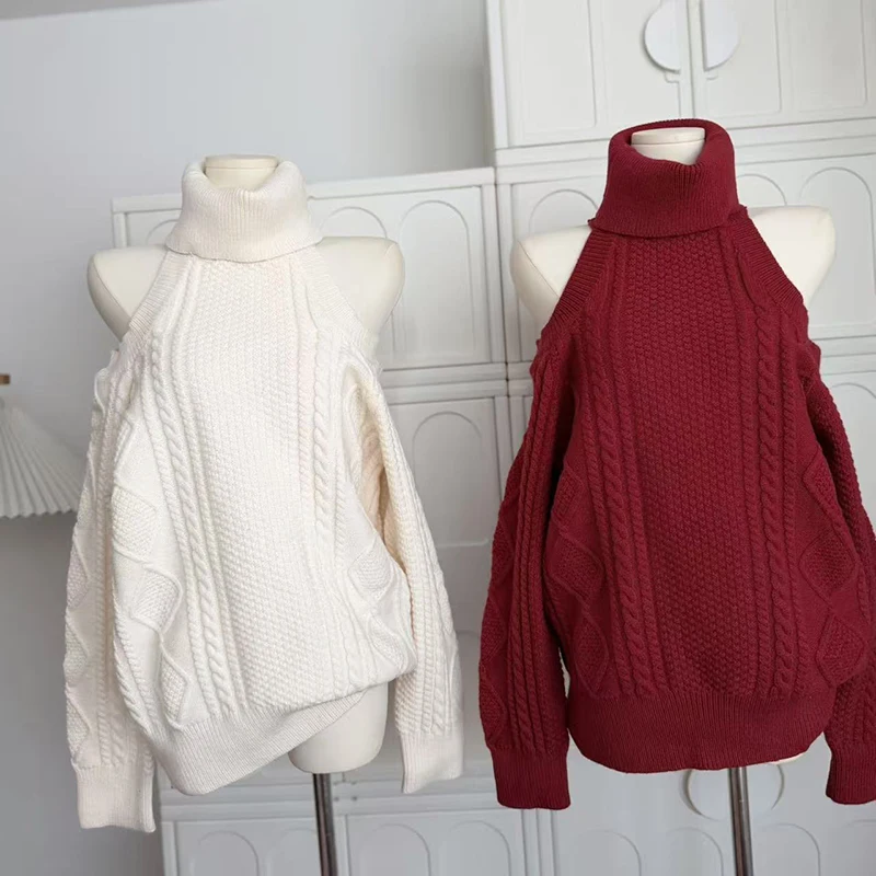 

Loose Turtleneck Knit Sweater Women Chic Off Shoulder Lazy Wind Casual Pullovers Female Long Sleeve Fall Winter Knitwear Jumpers