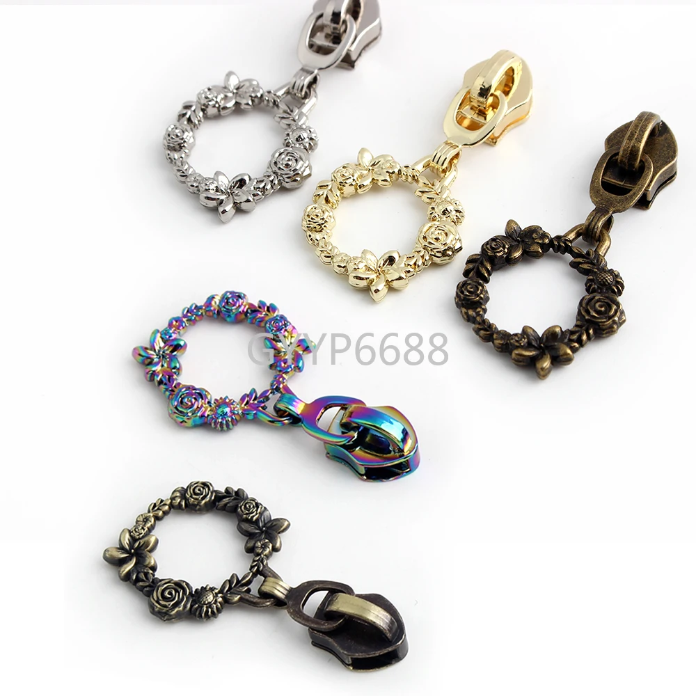 10-50-100PCS Flower Wreath Ring Shape 5# Nylon Zipper Sliders Head For Purse Bags Zip Pendant Repair Garment Decor Accessories